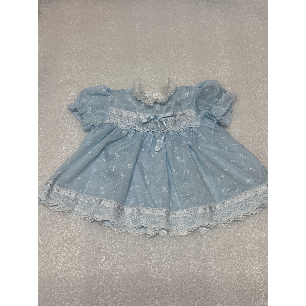 Vintage Cutest One Baby Dress Blue Lace‎ Animal Print Cat Bear Made in USA 6-9M